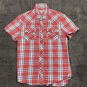 True Religion Brand Jeans Plaid Western Snap Shirt Men's M Short Sleeve Red Blue